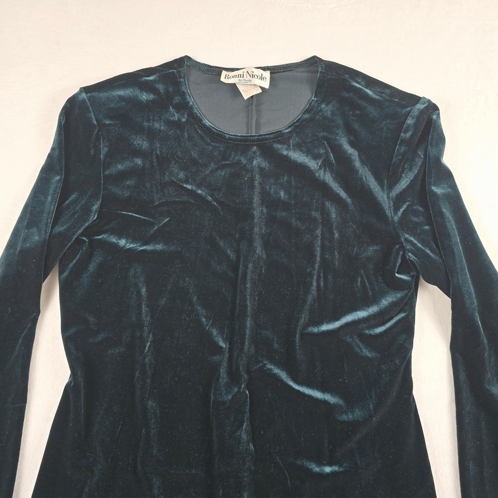 Ronni Nicole Vintage 90s Teal Green Velvet Long Sleeve A-Line Mini Dress Size 14 - Picture 2 of 7